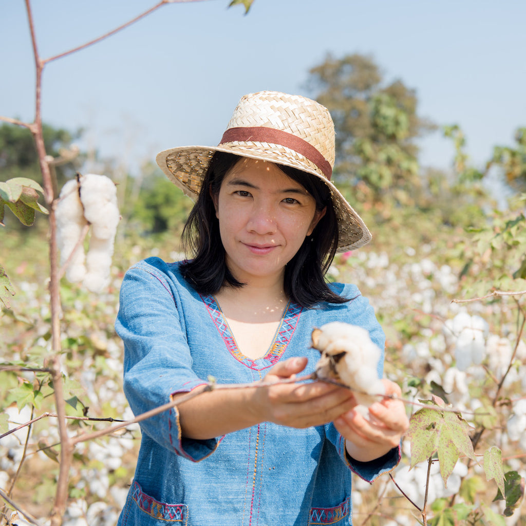 Lady with sun hat holding out a cotton plant to the camera in a cotton field